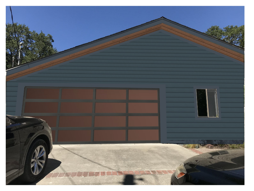 Blue house with updated siding, modern garage door, and a single window, demonstrating the new design created using Renoworks Pro.