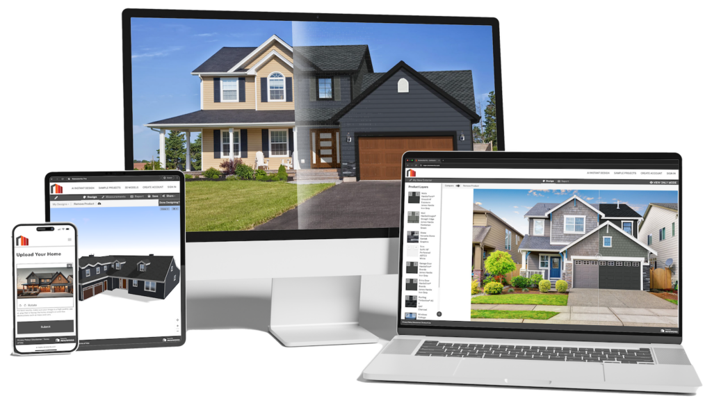 A digital mockup displaying Renoworks' exterior home design software across multiple devices, including a smartphone, tablet, laptop, and desktop. The software interface showcases before-and-after visualizations of home exteriors, allowing users to customize siding, roofing, and other exterior elements.