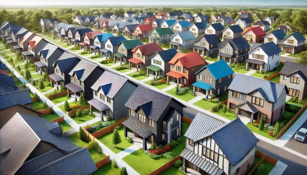 A wide digital illustration of a modern suburban neighborhood featuring homes with various roof colors, including black, brown, gray, red, blue, and green. The image highlights how different roof colors complement home exteriors, showcasing curb appeal and energy efficiency benefits.