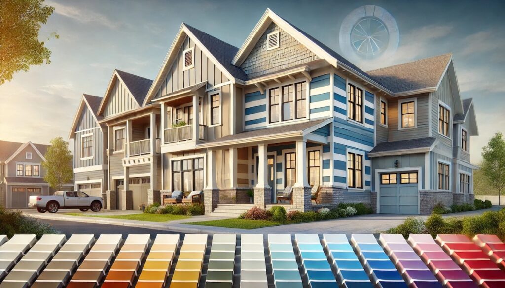 A modern suburban home showcasing different exterior color palettes, including Colonial, Modern, Craftsman, and Farmhouse styles, each with distinct siding and trim combinations. The image highlights how various colors enhance architectural styles and curb appeal.