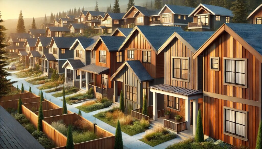 A high-quality digital illustration featuring various wood siding types on modern home exteriors, including clapboard, board and batten, shingle, and engineered wood. The homes showcase materials like cedar, pine, redwood, and thermally modified wood, highlighting natural textures, warm stains, and rich grain patterns in a well-landscaped suburban neighborhood.