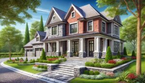 A beautiful suburban home exterior with red brick and gray stone siding, featuring stone veneer columns, a stone foundation, and a landscaped garden on a sunny day.