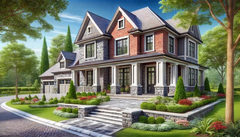 A beautiful suburban home exterior with red brick and gray stone siding, featuring stone veneer columns, a stone foundation, and a landscaped garden on a sunny day.