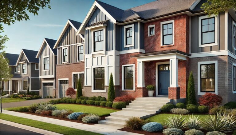 Modern home exterior featuring red brick and gray siding with white trim, a navy blue front door, and well-maintained landscaping, showcasing a harmonious and stylish brick and siding combination for enhanced curb appeal.