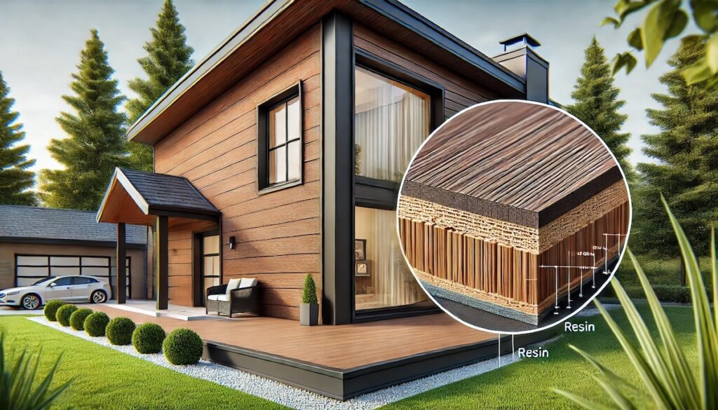 A modern home featuring composite siding with a rich wood-grain texture in a deep brown shade. A close-up section highlights the layered composition, showing wood fibers and resin bonded together for durability. The background includes a well-maintained lawn and a neutral sky.