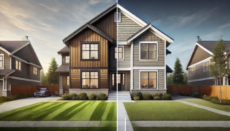 A modern suburban house showcasing a side-by-side comparison of composite and vinyl siding. The left half features composite siding with a rich wood-grain texture, while the right half displays vinyl siding in a smooth, neutral tone. A well-maintained lawn and bright sky complete the background.