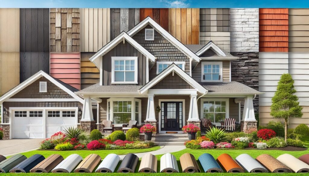 A suburban house showcasing various siding options, including vinyl, wood, brick, fiber cement, and stone veneer, set in a sunny neighborhood with a well-manicured lawn and colorful flowers, emphasizing home improvement and aesthetic appeal.