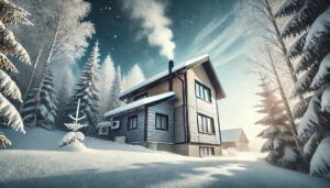 Cozy house with durable siding in a snowy winter landscape, surrounded by snow-covered trees and a clear sky, showcasing a well-protected home in a cold climate.