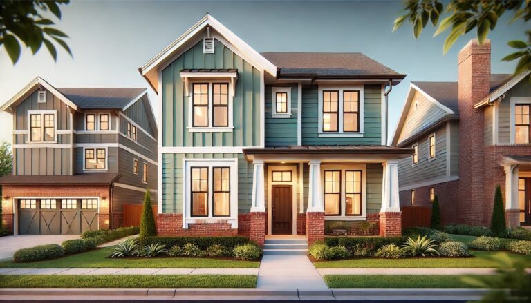 Photorealistic modern suburban home featuring soft sage green vinyl siding paired with warm red brick, accented by white trim and a dark wood front door. The house is surrounded by a well-maintained front yard with greenery, showcasing a cozy and inviting exterior design.