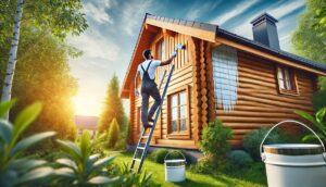 Professional painter applying fresh paint to the exterior of a wooden house, enhancing durability and weather resistance under a bright blue sky.