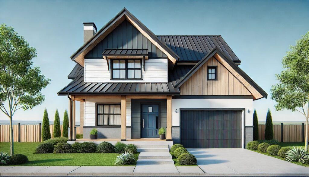 A modern home with a black roof, featuring white and beige siding, a bold navy blue front door, and natural wood accents. The house is set against a clear blue sky with well-maintained landscaping.