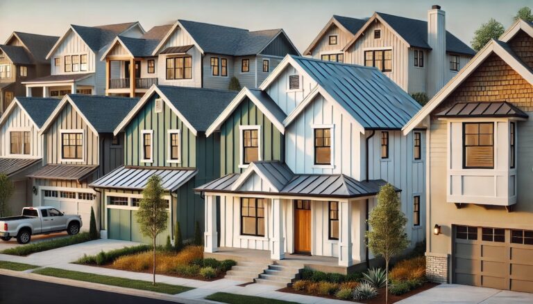 A variety of stylish homes with gray roofs showcasing different house color combinations, including white, sage green, navy blue, and beige, under soft daylight.