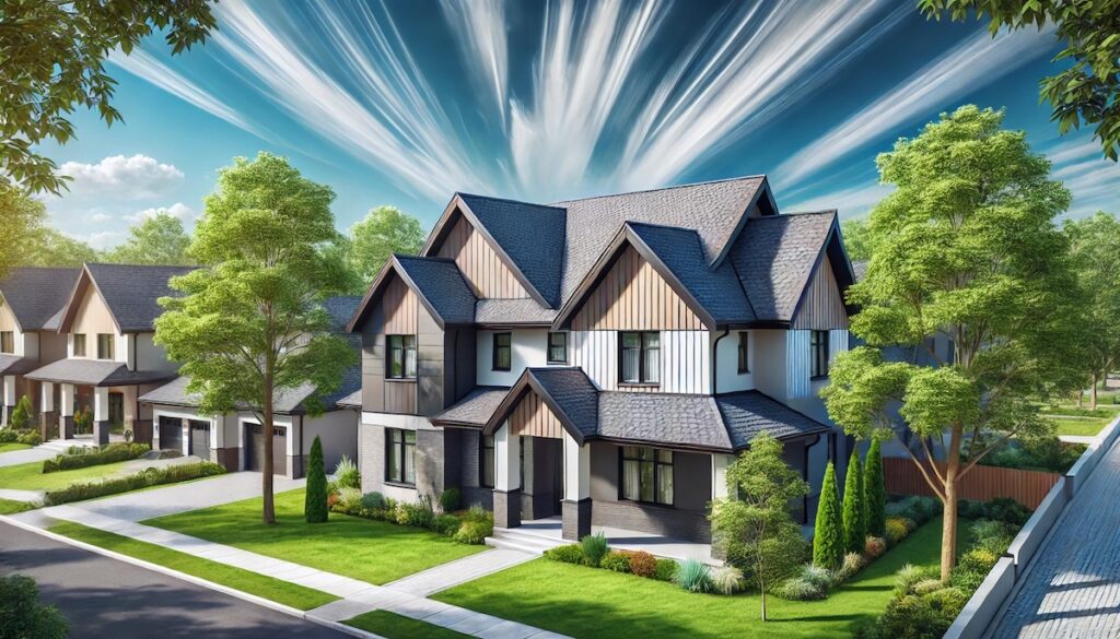 Modern suburban house with a stylish new roof featuring a mix of dark and light shingles, highlighting roofing color options for 2025