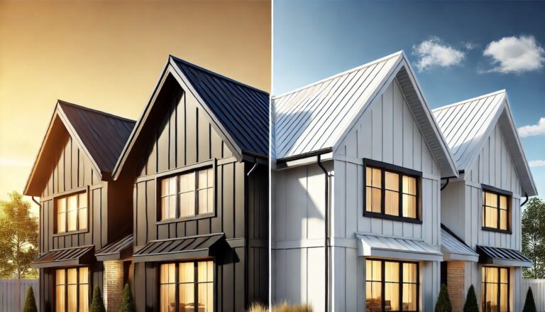 ide-by-side comparison of a modern house with a black roof and another with a white roof, highlighting differences in heat absorption and energy efficiency.