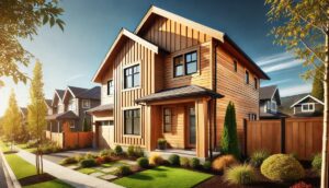 Modern suburban home with engineered wood siding in a warm natural wood tone, featuring board and batten and horizontal lap siding.